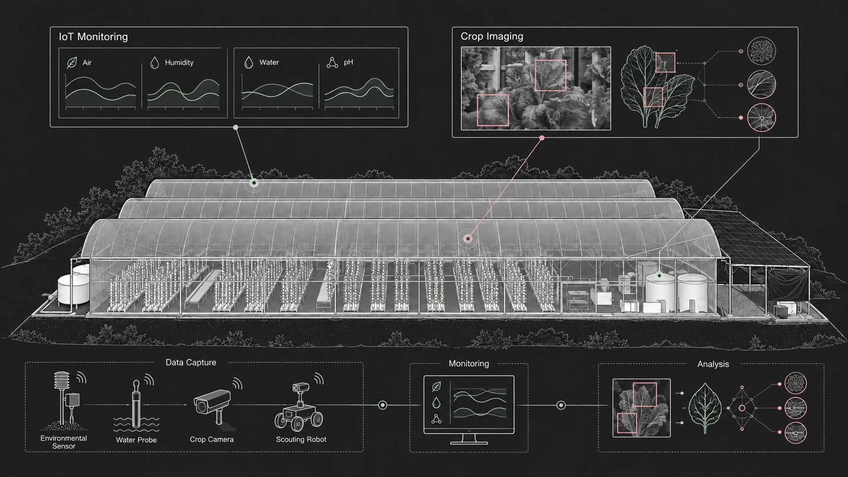Concept illustration connecting HAVVA farm architecture with IoT monitoring, crop imaging, environmental sensors, water probes and a scouting robot